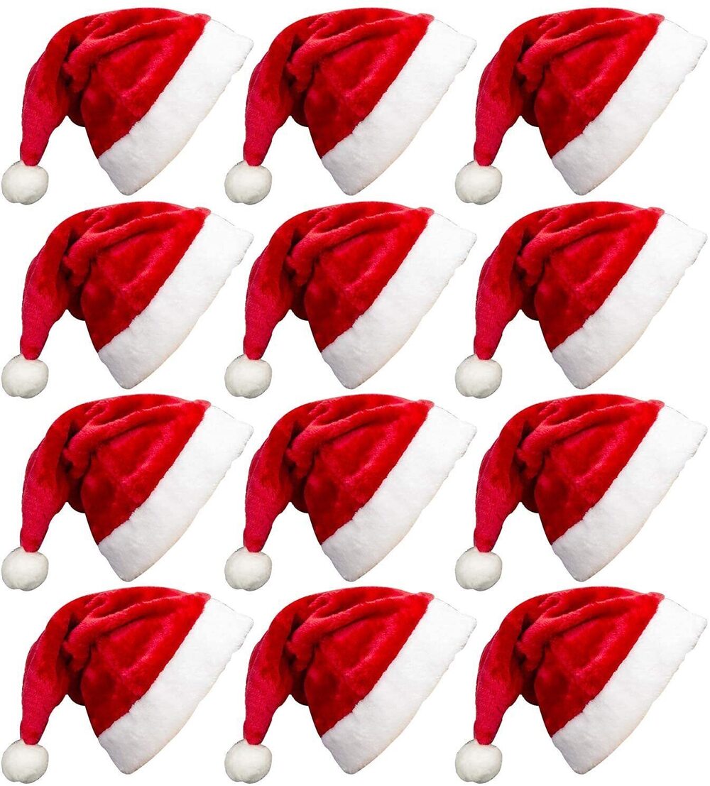 8750 12 Pack Plush Santa Christmas Hats for Kids Children Teenagers &